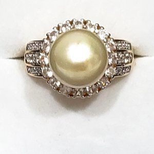 South Sea golden pearl & Zircon halo ring 11.3mm 14k YG vermeil over 925 SS